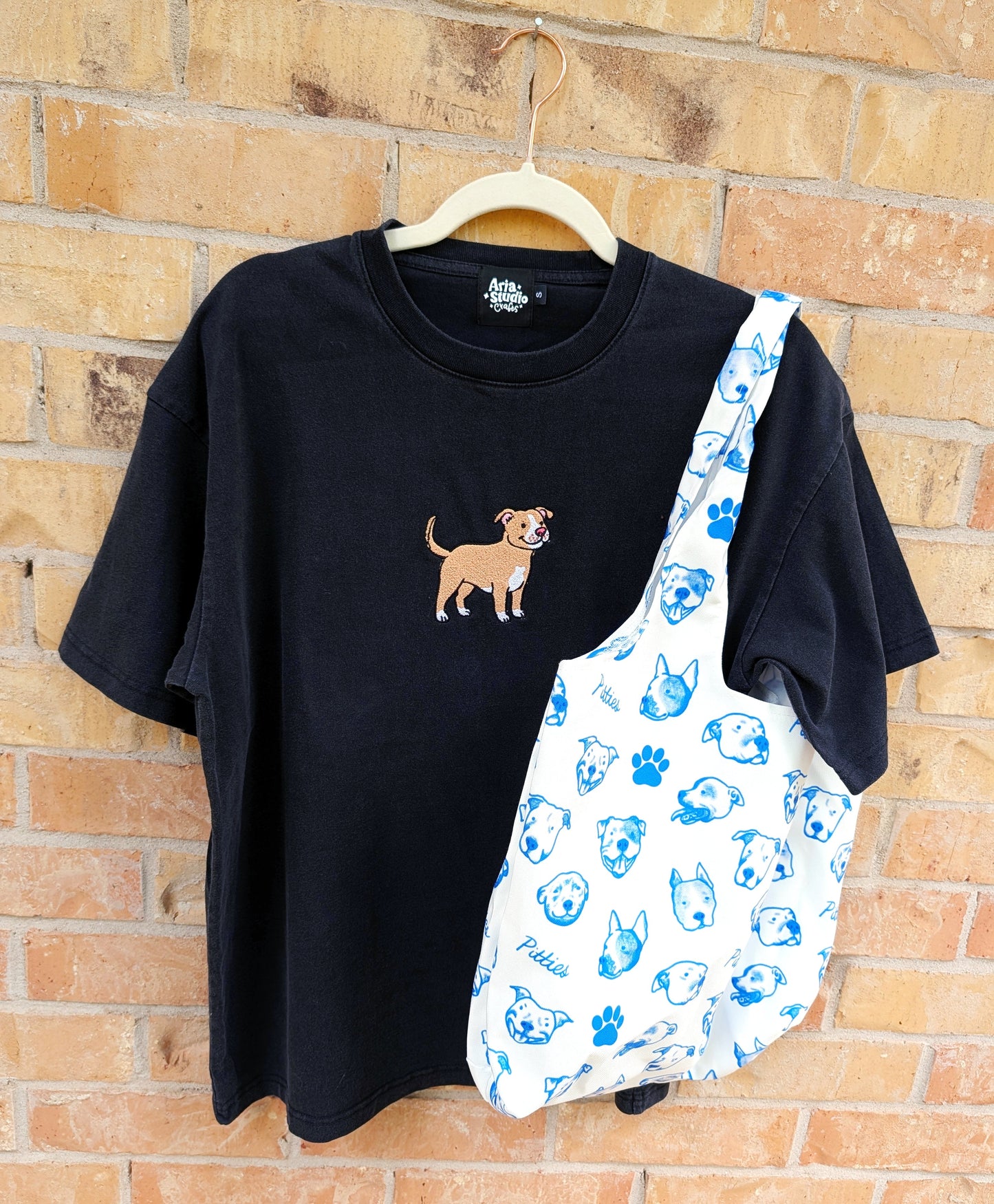 "Pitties" Pitbull Print Reusable Tote Bag — Blue & White Dog Face Pattern Grocery Bag