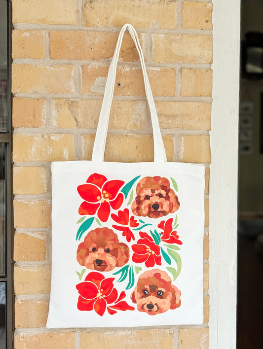 Custom Pet Portrait Tote Bag with Winter Floral Design