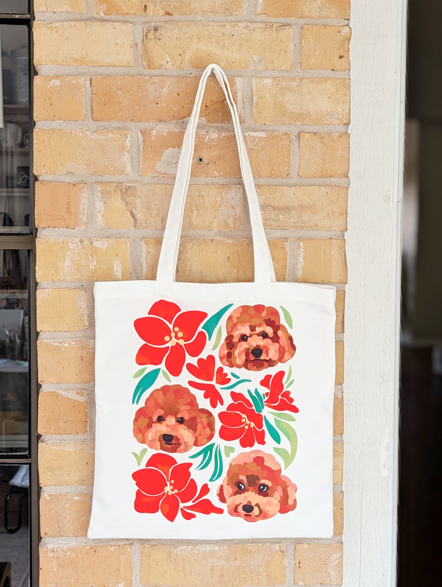 Custom Pet Portrait Tote Bag with Winter Floral Design