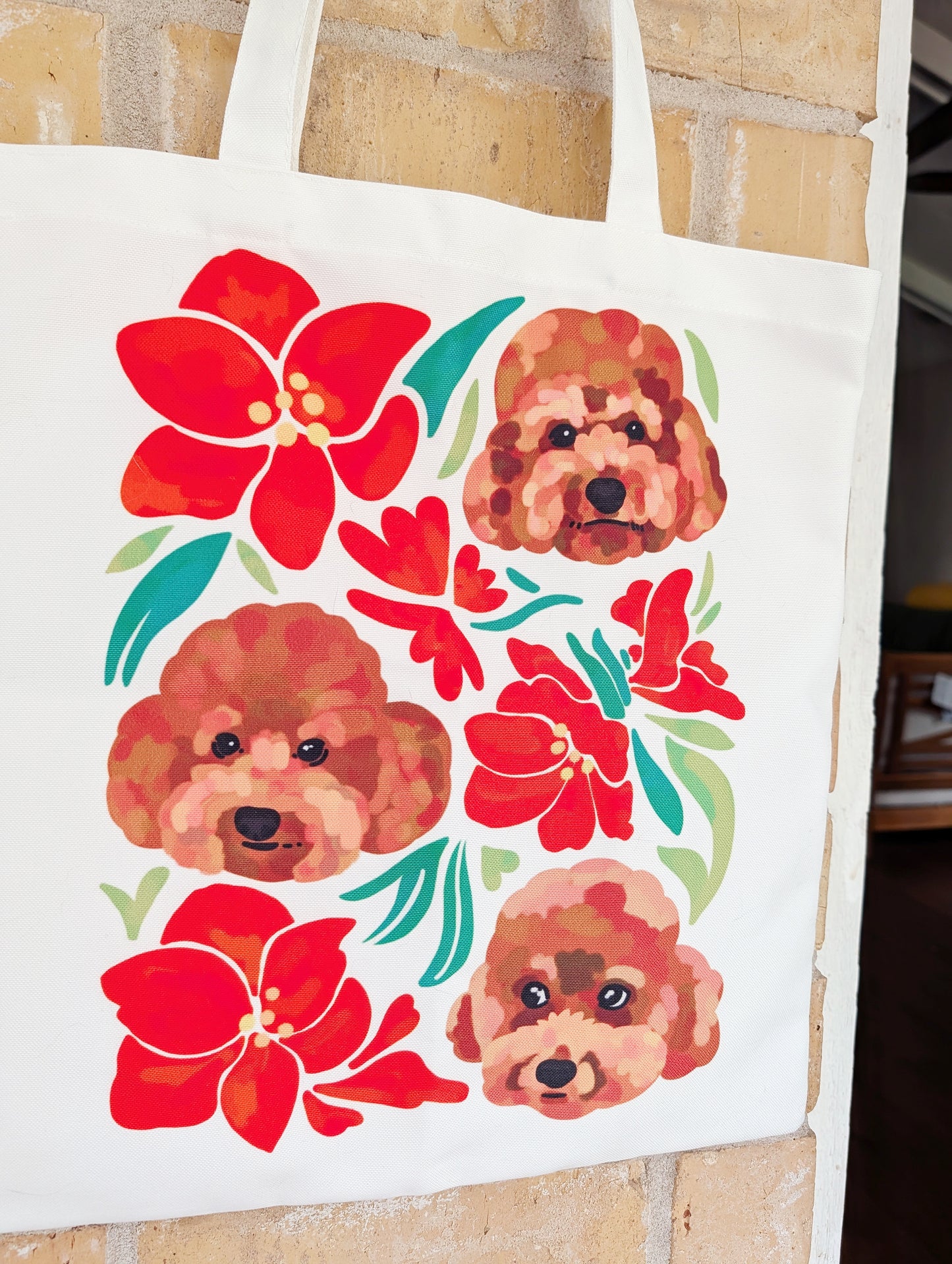 Custom Pet Portrait Tote Bag with Winter Floral Design