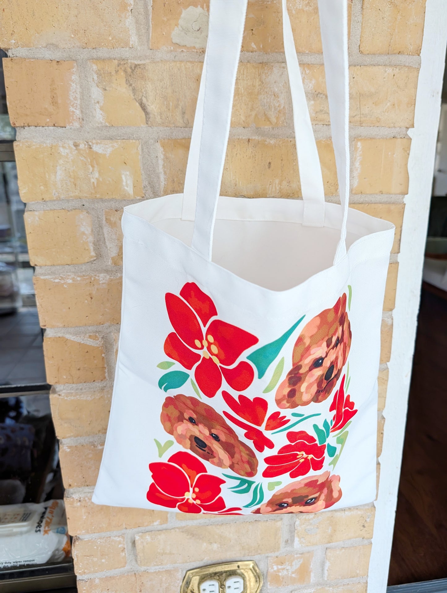 Custom Pet Portrait Tote Bag with Winter Floral Design