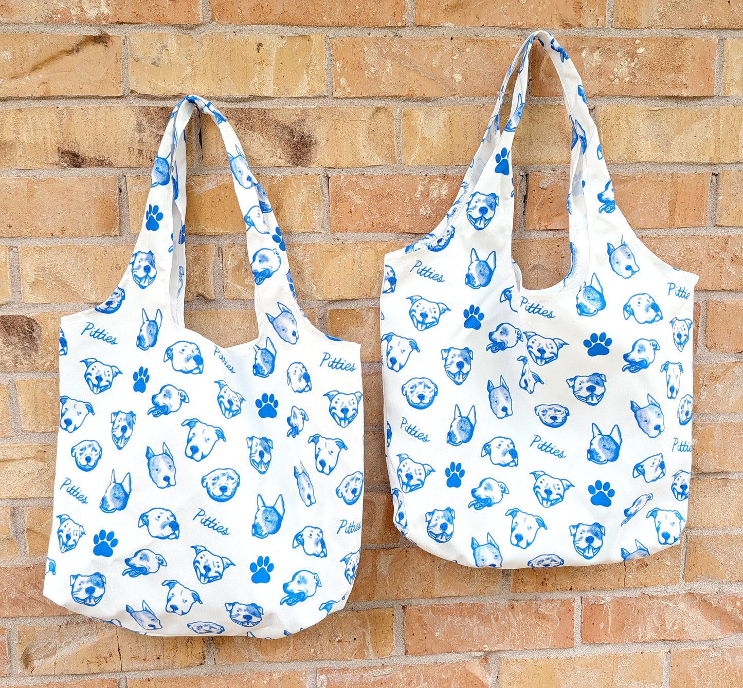 "Pitties" Pitbull Print Reusable Tote Bag — Blue & White Dog Face Pattern Grocery Bag