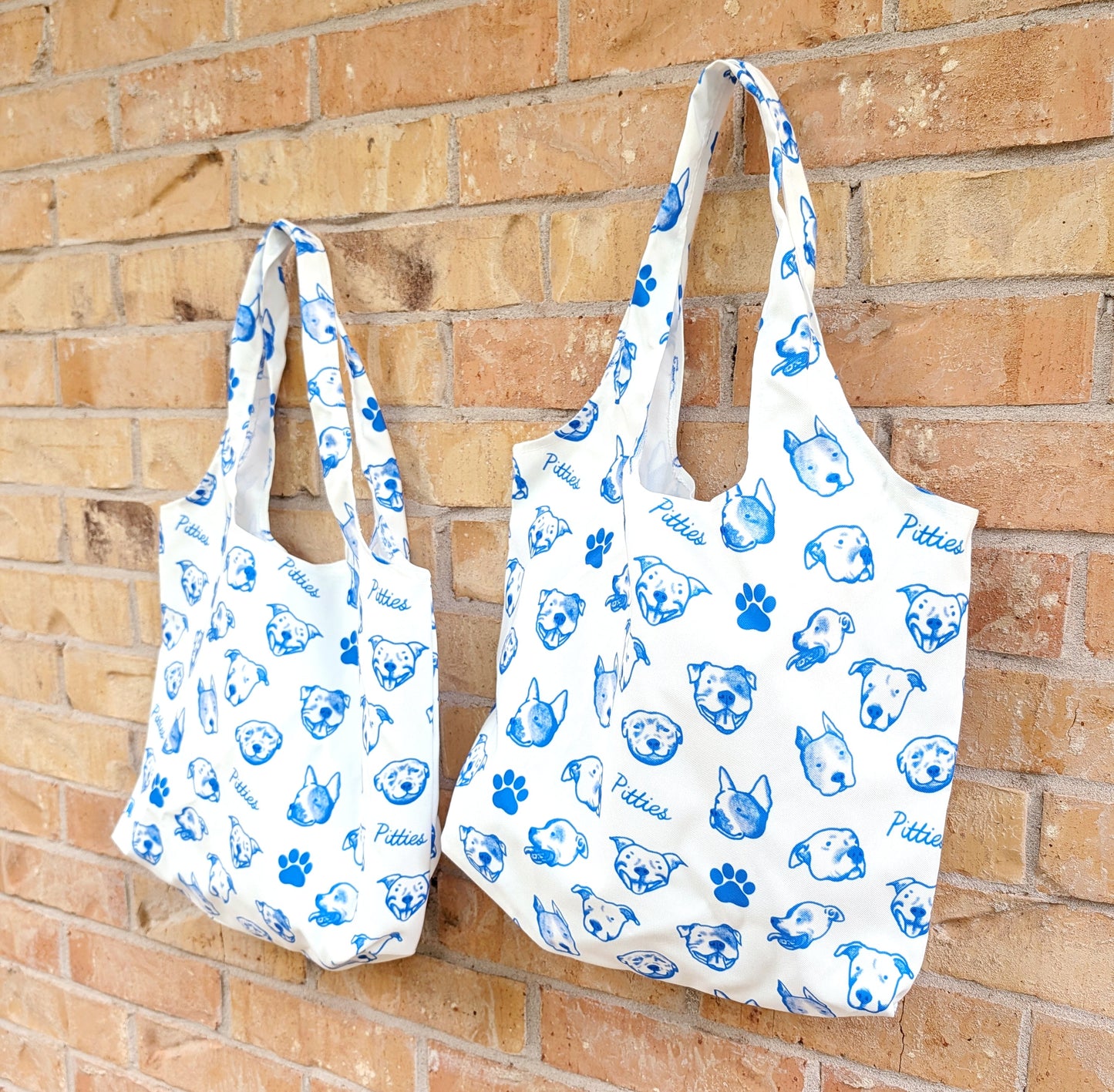 "Pitties" Pitbull Print Reusable Tote Bag — Blue & White Dog Face Pattern Grocery Bag
