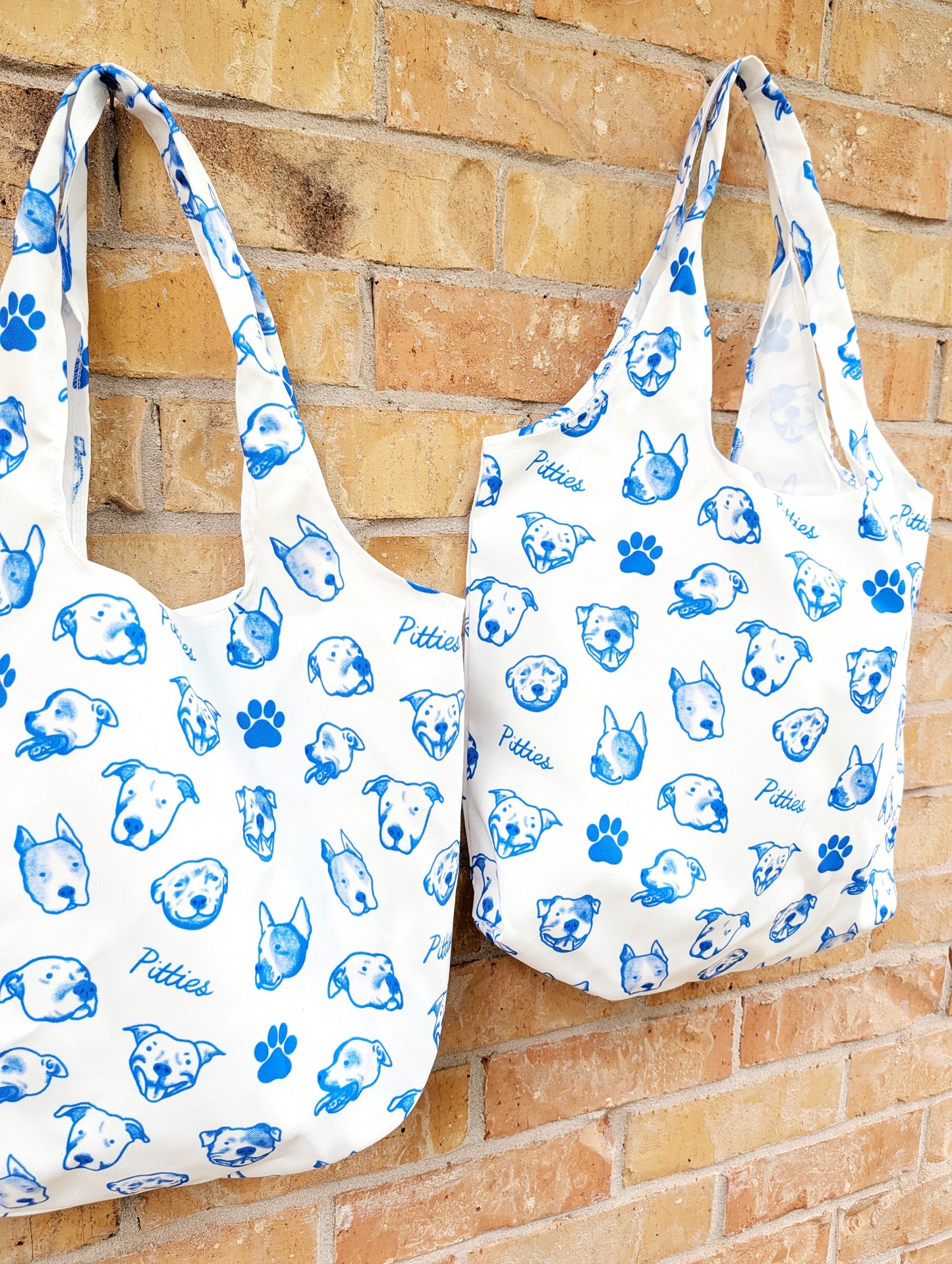 "Pitties" Pitbull Print Reusable Tote Bag — Blue & White Dog Face Pattern Grocery Bag