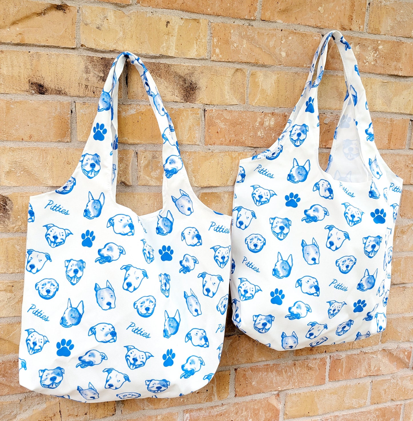 "Pitties" Pitbull Print Reusable Tote Bag — Blue & White Dog Face Pattern Grocery Bag