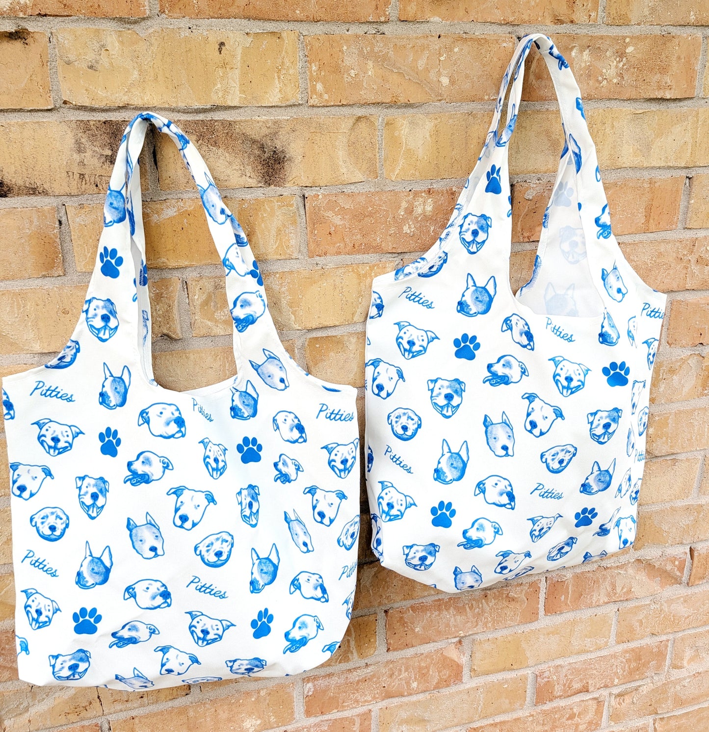 "Pitties" Pitbull Print Reusable Tote Bag — Blue & White Dog Face Pattern Grocery Bag