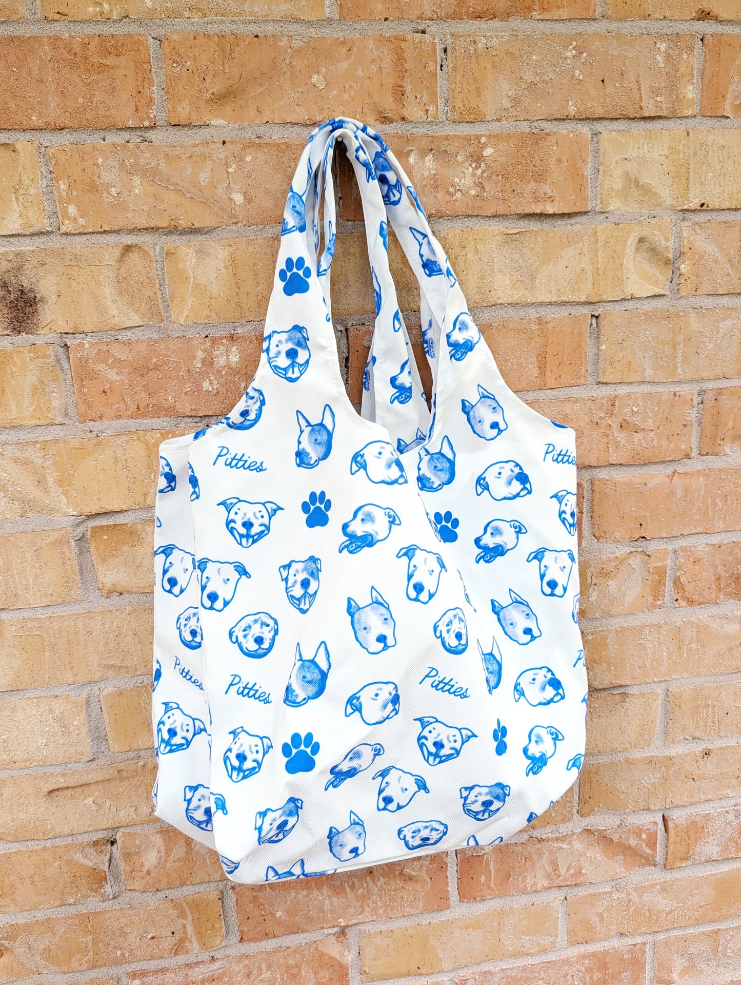 "Pitties" Pitbull Print Reusable Tote Bag — Blue & White Dog Face Pattern Grocery Bag