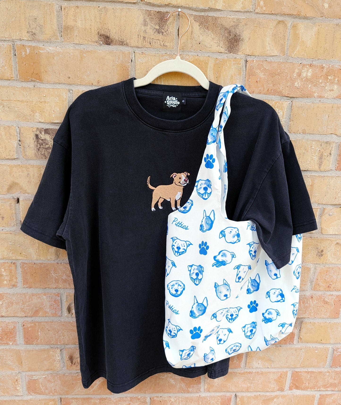 "Pitties" Pitbull Print Reusable Tote Bag — Blue & White Dog Face Pattern Grocery Bag