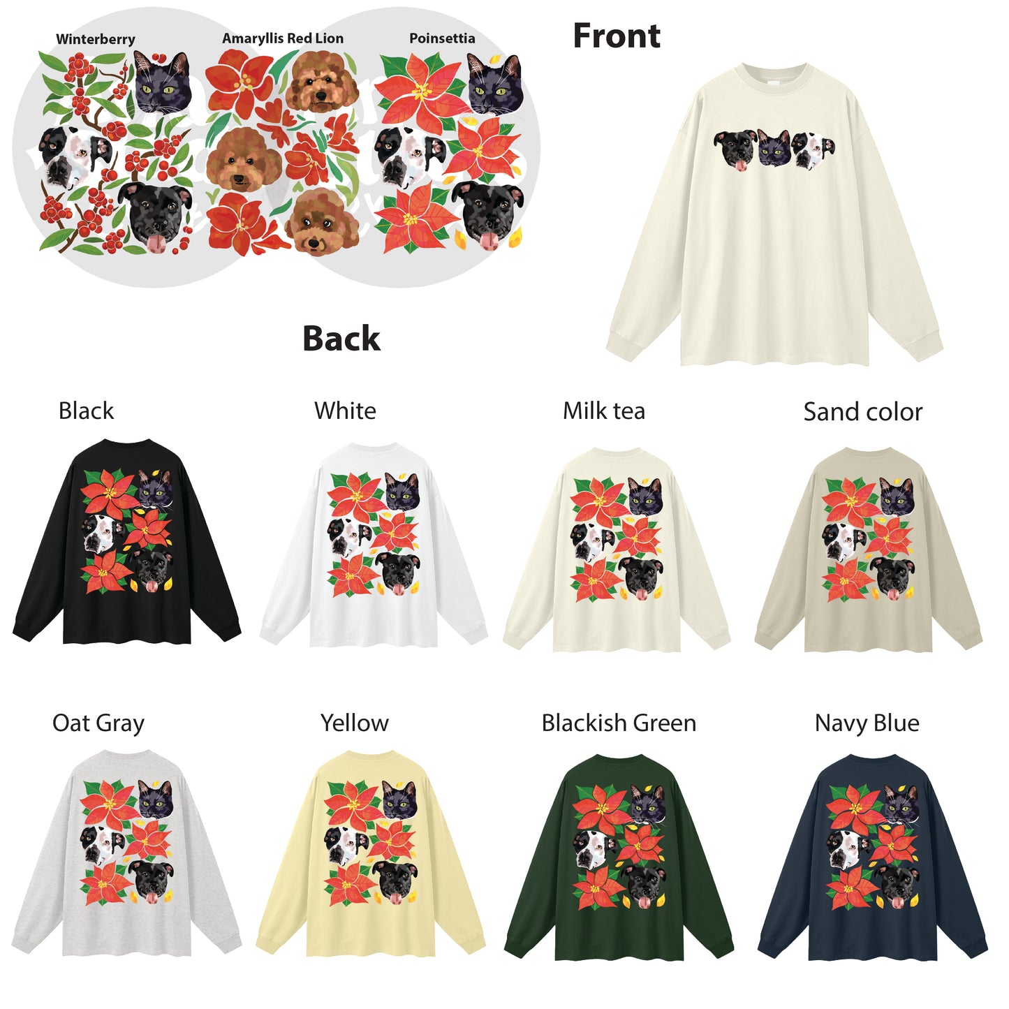 Custom Pet Portrait Winter Sweatshirt and Long Sleeve T-Shirt