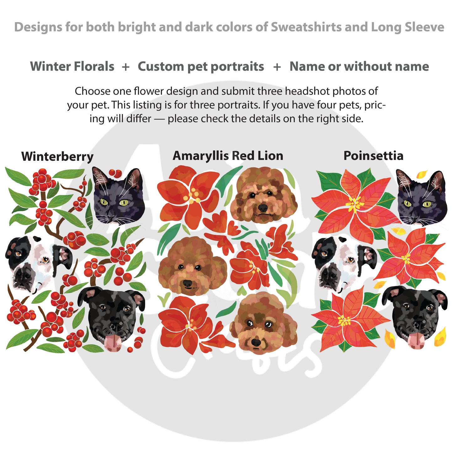 Custom Pet Portrait Winter Sweatshirt and Long Sleeve T-Shirt