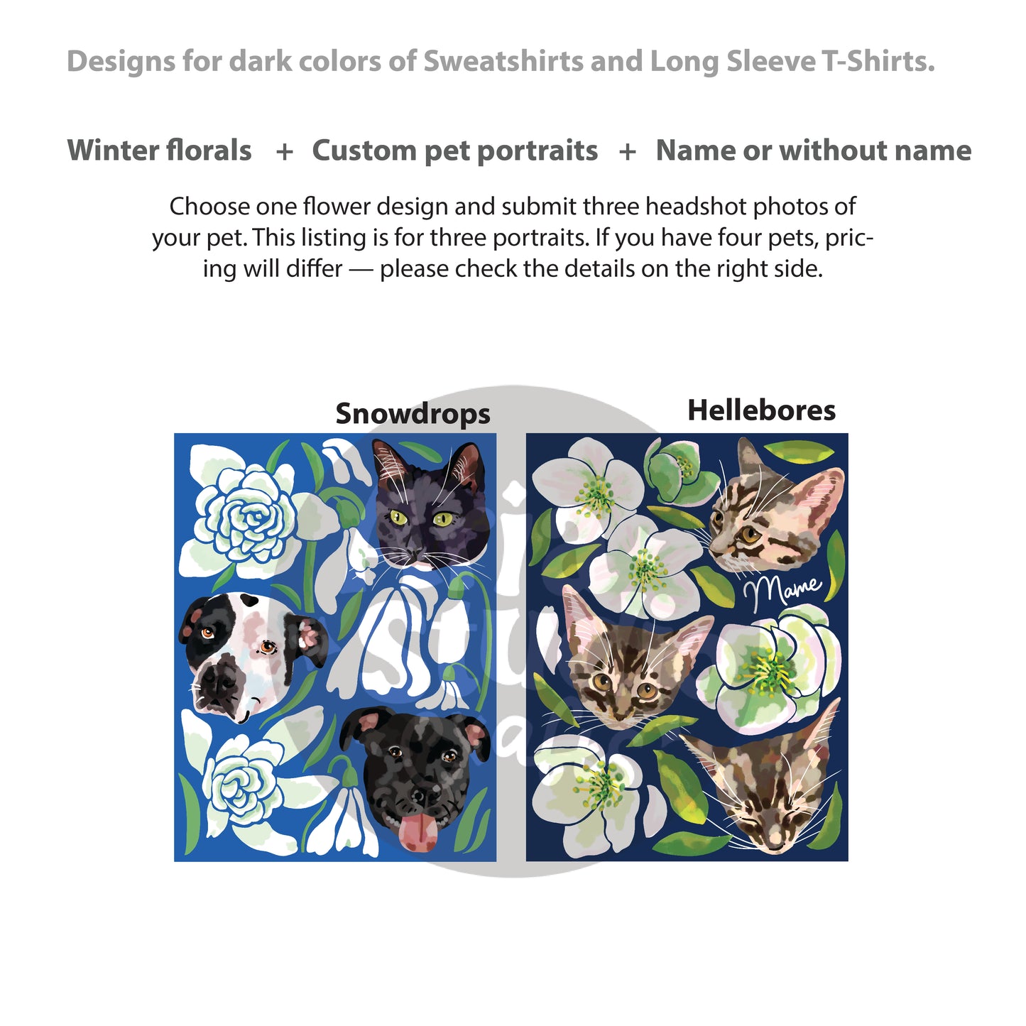 Custom Pet Portrait Winter Sweatshirt and Long Sleeve T-Shirt