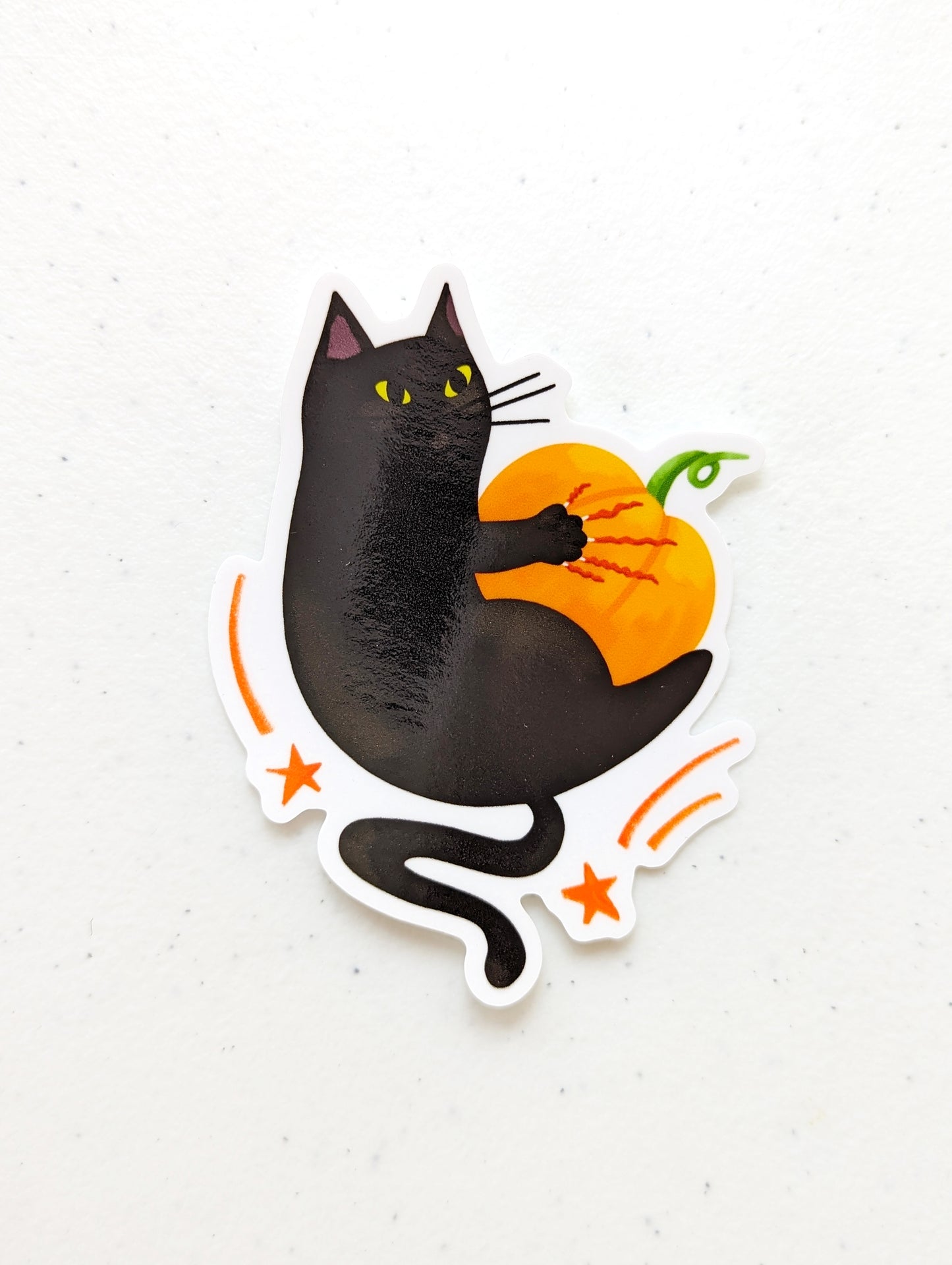 Black Cat Scratching Pumpkin Sticker – Cute Halloween Sticker