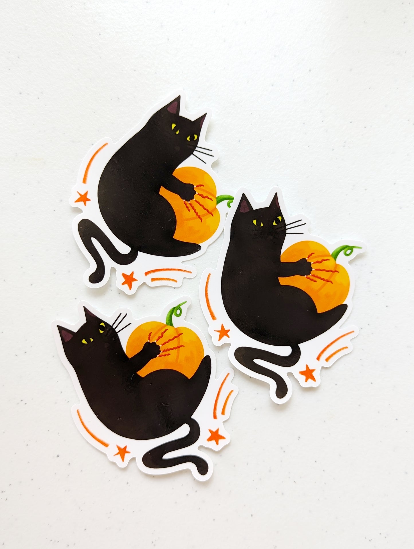 Black Cat Scratching Pumpkin Sticker – Cute Halloween Sticker