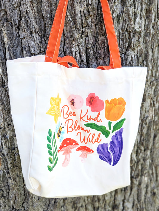 Flower " Bee Kind, Bloom Wild " Tote Bag (Two-Way Carry)