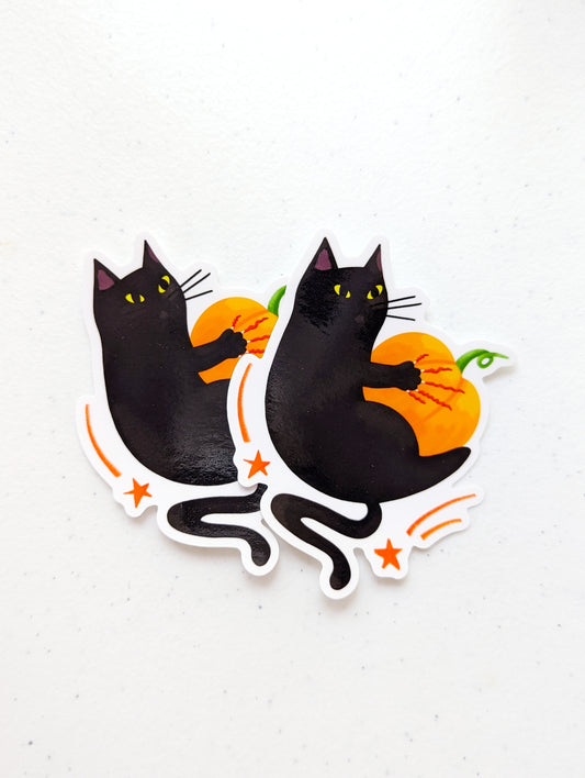 Black Cat Scratching Pumpkin Sticker – Cute Halloween Sticker