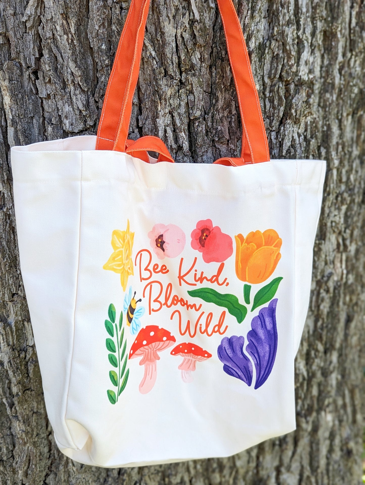 Flower " Bee Kind, Bloom Wild " Tote Bag (Two-Way Carry)