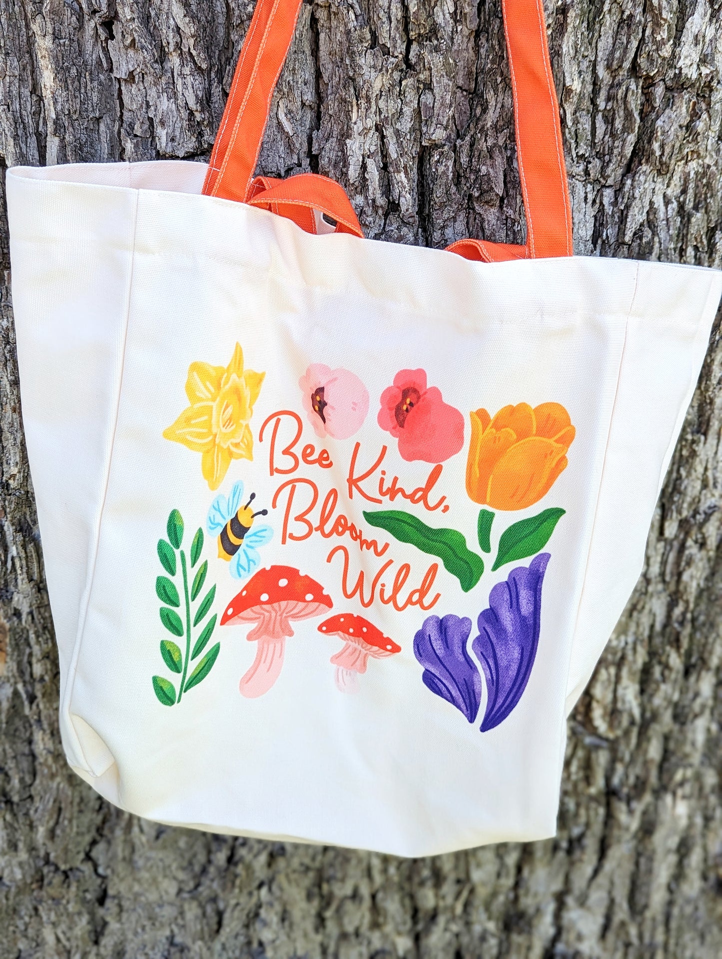 Flower " Bee Kind, Bloom Wild " Tote Bag (Two-Way Carry)